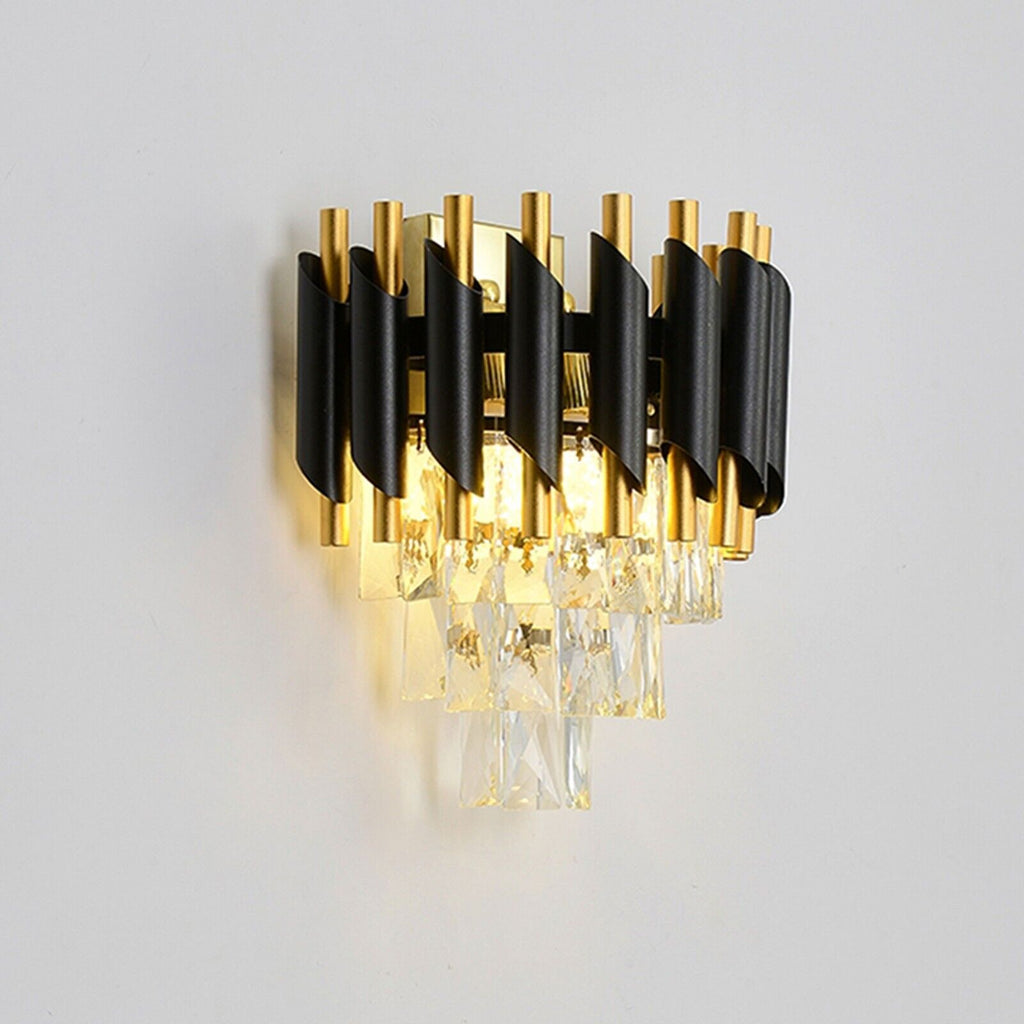 Modern Black Gold Crystal Chandelier & Matching Wall Sconce Light Set