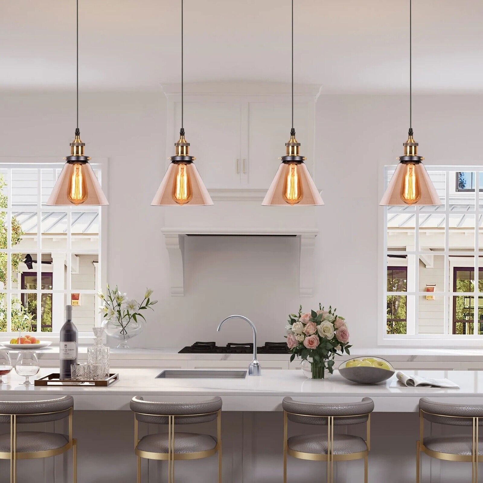 Industrial Amber Glass Hanging Pendant Light Fixture - Modern E27 Ceiling Lamp Shade