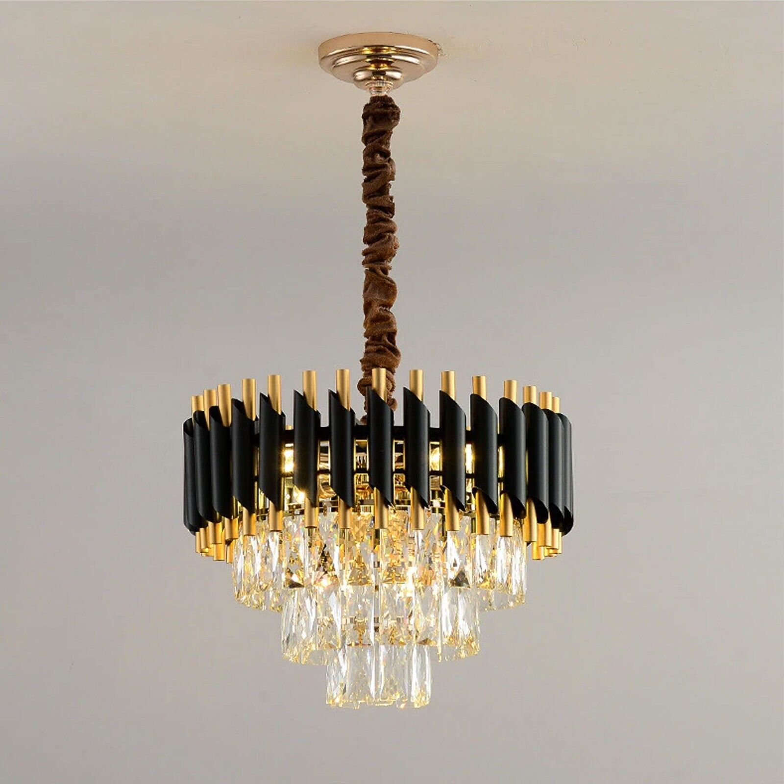 Modern Black Gold Crystal Chandelier & Matching Wall Sconce Light Set