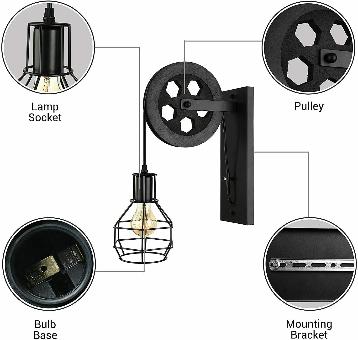 Vintage Industrial Metal Wood Pulley Wall Sconce Light Adjustable Retro Design