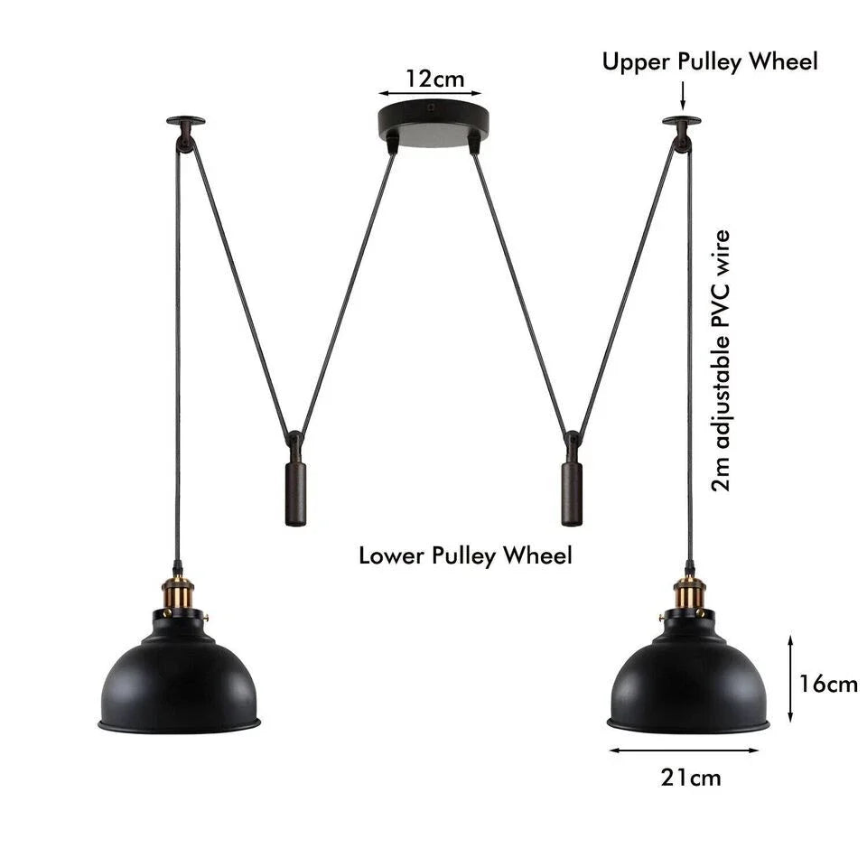Industrial Matte Black Double Pulley Adjustable Pendant Light Fixture