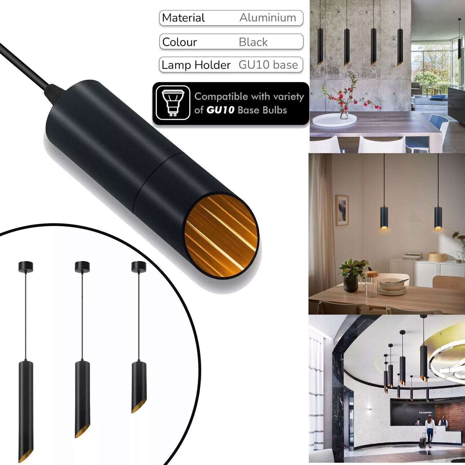 Modern Black & Gold Baton Pendant Light 400mm LED Cylinder ~6246