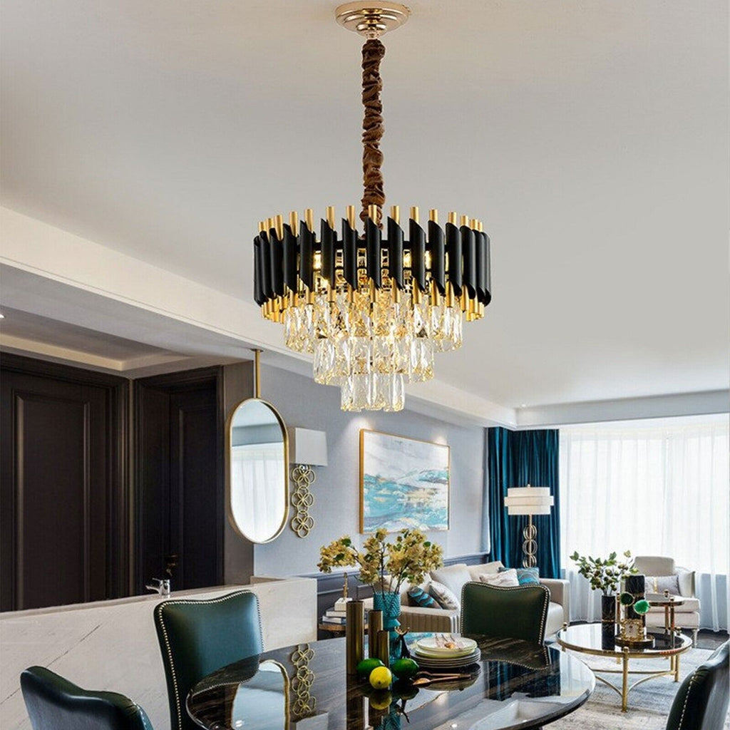 Modern Black Gold Crystal Chandelier & Matching Wall Sconce Light Set