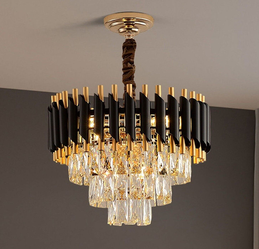 Modern Black Gold Crystal Chandelier & Matching Wall Sconce Light Set