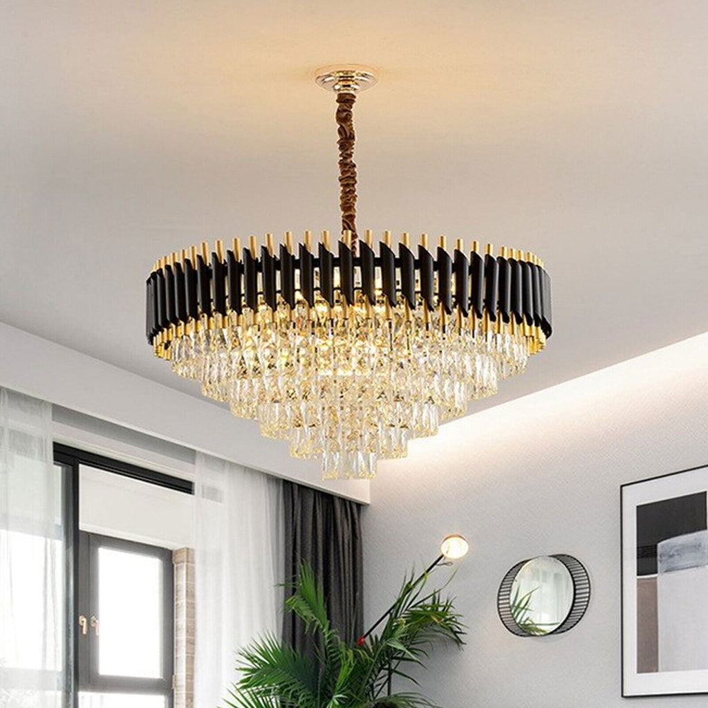 Modern Black Gold Crystal Chandelier & Matching Wall Sconce Light Set