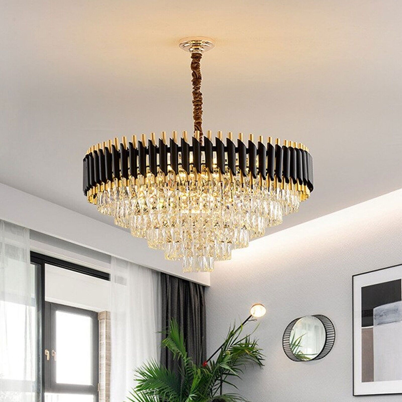 Modern Black Gold Crystal Chandelier & Matching Wall Sconce Light Set