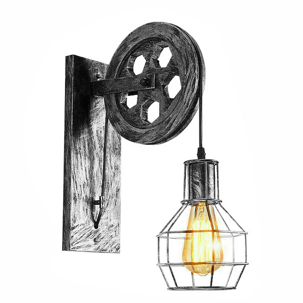Vintage Industrial Metal Wood Pulley Wall Sconce Light Adjustable Retro Design
