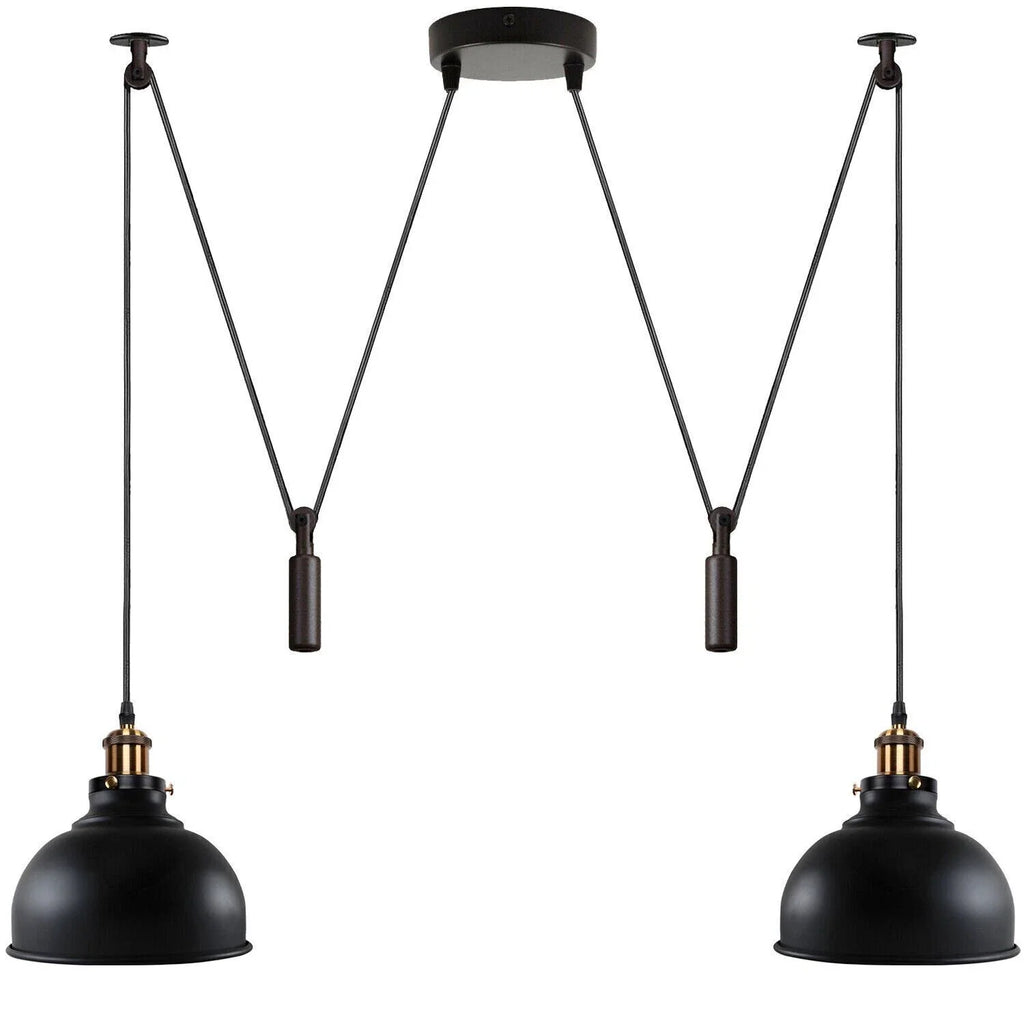 Industrial Matte Black Double Pulley Adjustable Pendant Light Fixture