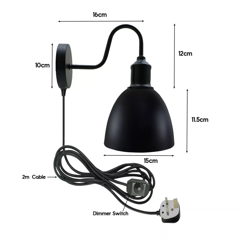 Vintage Industrial Plug-In Wall Light with Dimmer, E27 Metal Sconce Lamp