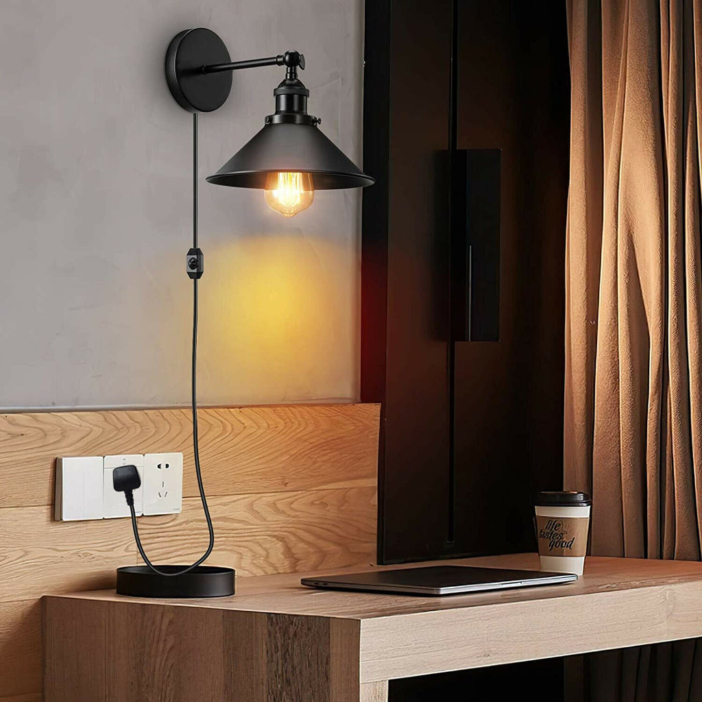 Industrial Black Metal Adjustable Arm Plug-in Wall Light with Cone Shade