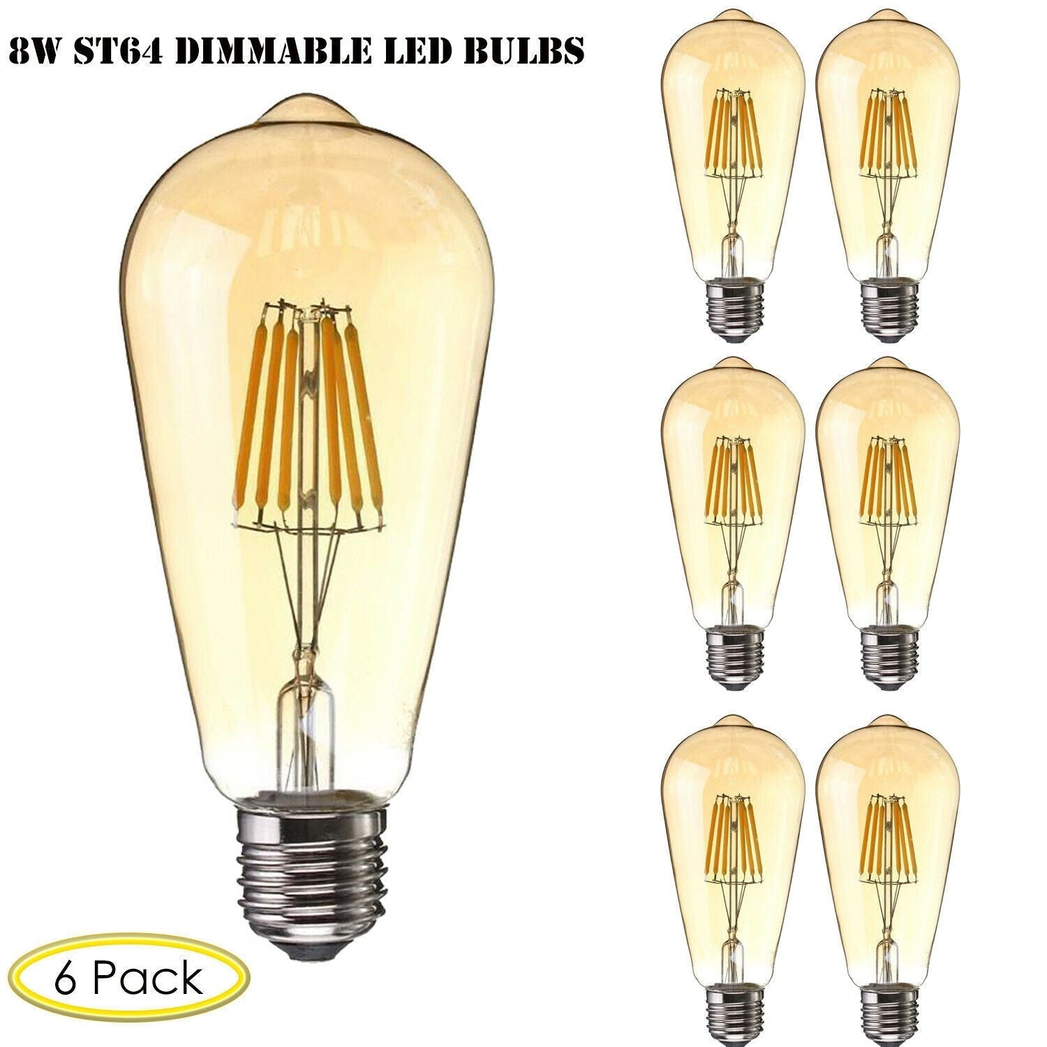 6 Pack Vintage E27 Filament LED Edison Bulbs Dimmable Decorative Warm White