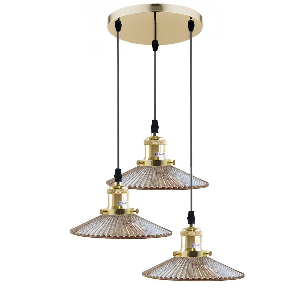 Vintage Industrial Amber Glass 3-Way Ceiling Pendant Light Fixture