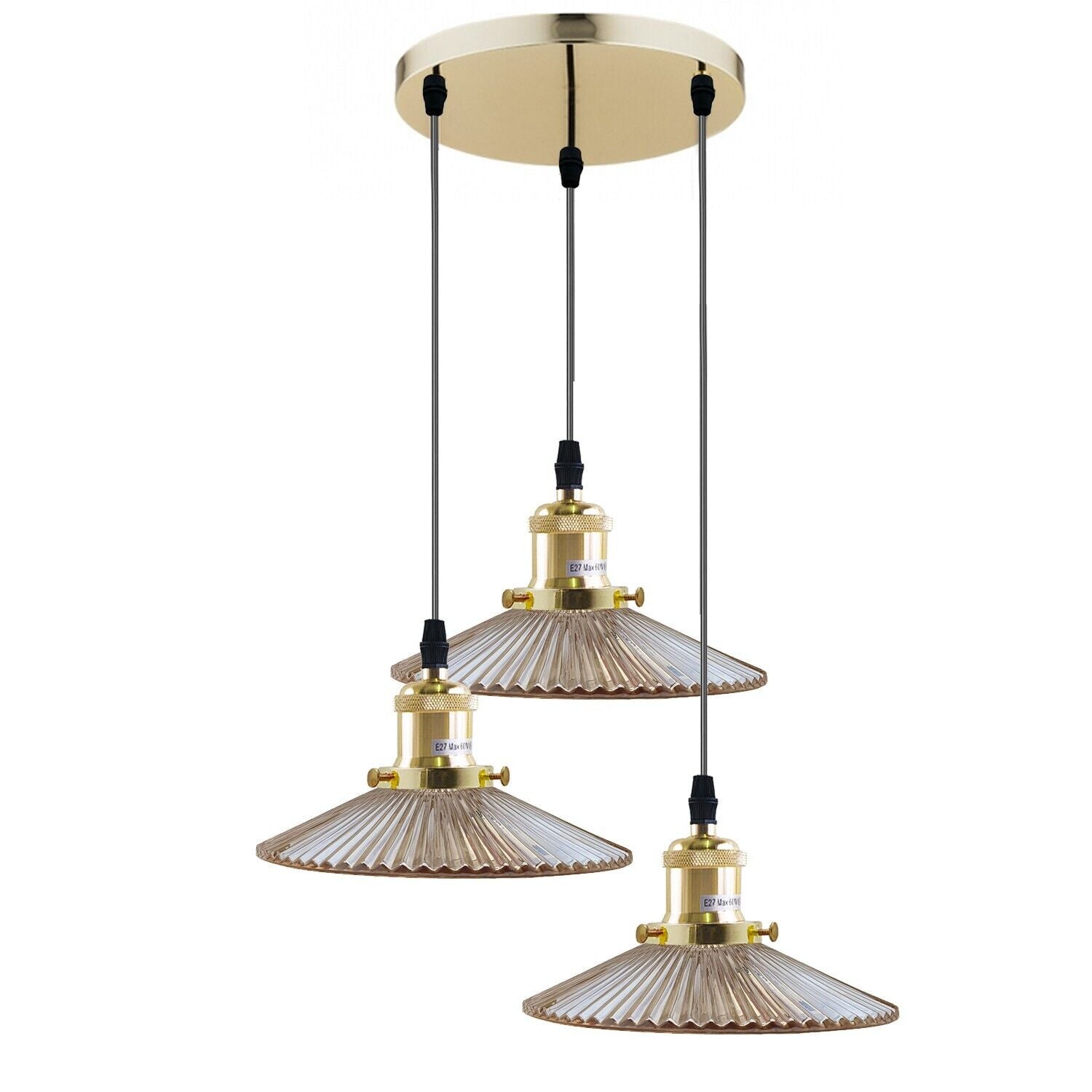 Vintage Industrial Amber Glass 3-Way Ceiling Pendant Light Fixture
