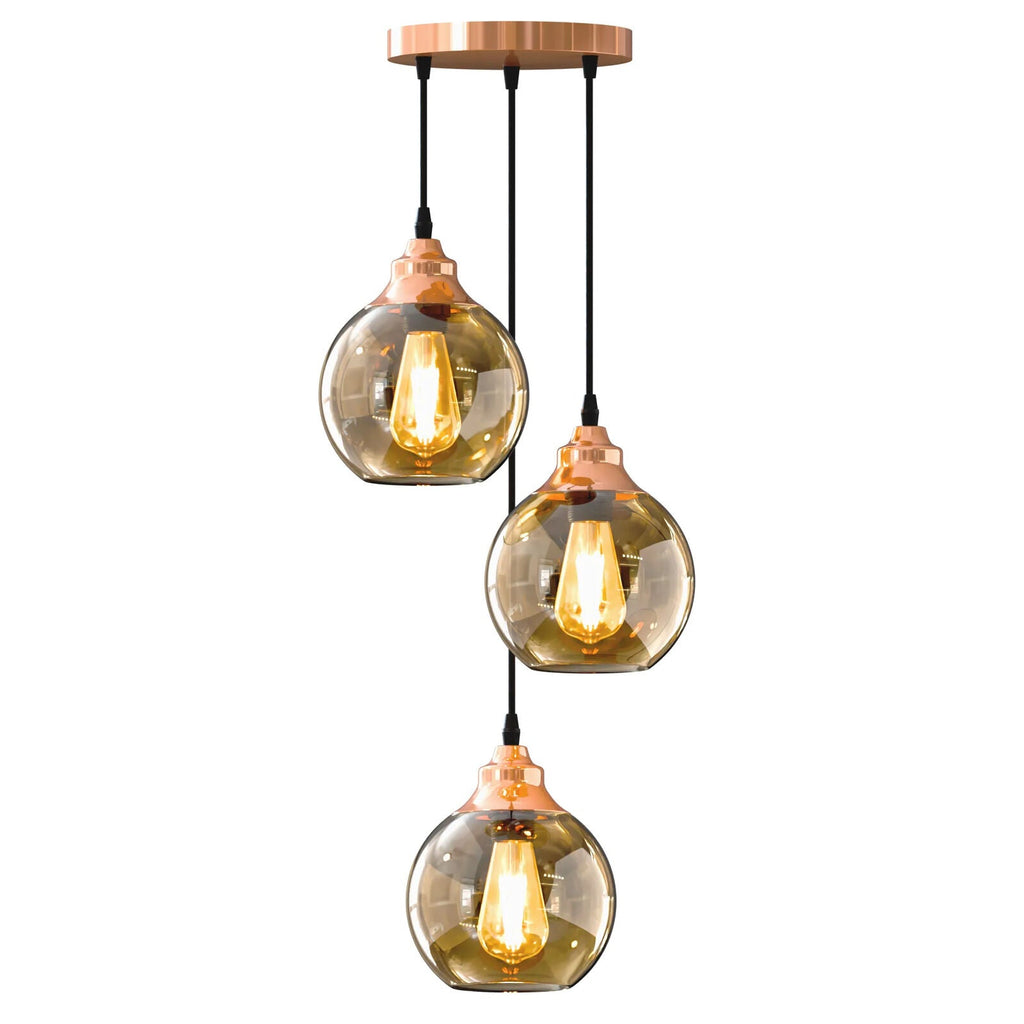 Elegant 3-Light Modern Glass Pendant Chandelier, Adjustable Cords, Copper Finish Accents