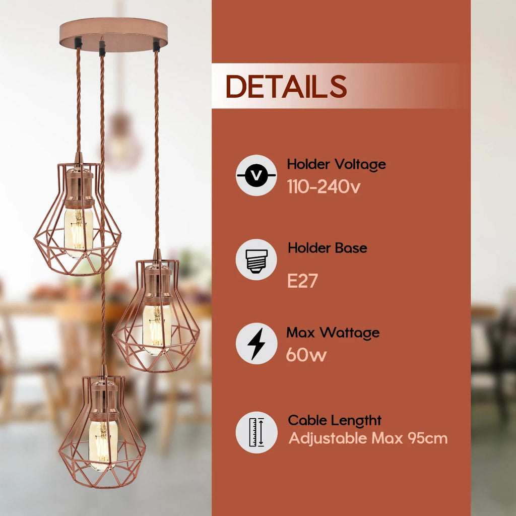 Rose Gold Vintage Industrial 3-Light Cluster Pendant Hanging Lamp