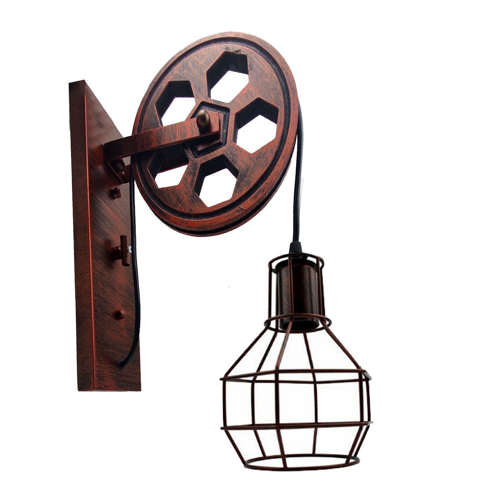 Vintage Industrial Metal Wood Pulley Wall Sconce Light Adjustable Retro Design