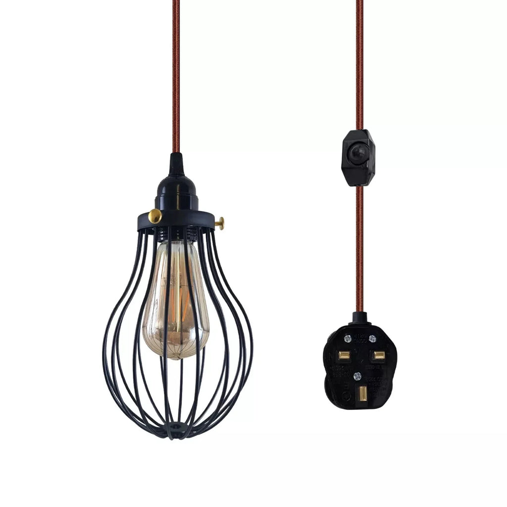 LEDSone E27 Dimmable Plug-in Pendant Light, 2M Fabric Cable & Cage