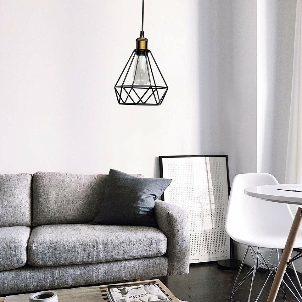 Modern Industrial Black Metal Diamond Cage Pendant Light Fixture, E27 Base, Ceiling Hanging