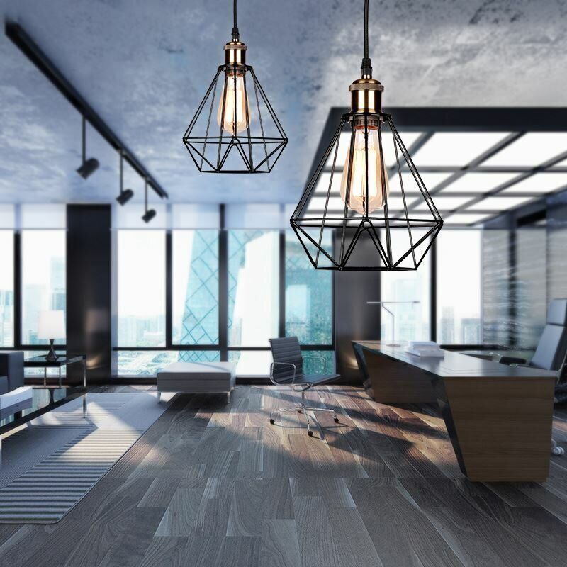 Modern Industrial Black Metal Diamond Cage Pendant Light Fixture, E27 Base, Ceiling Hanging