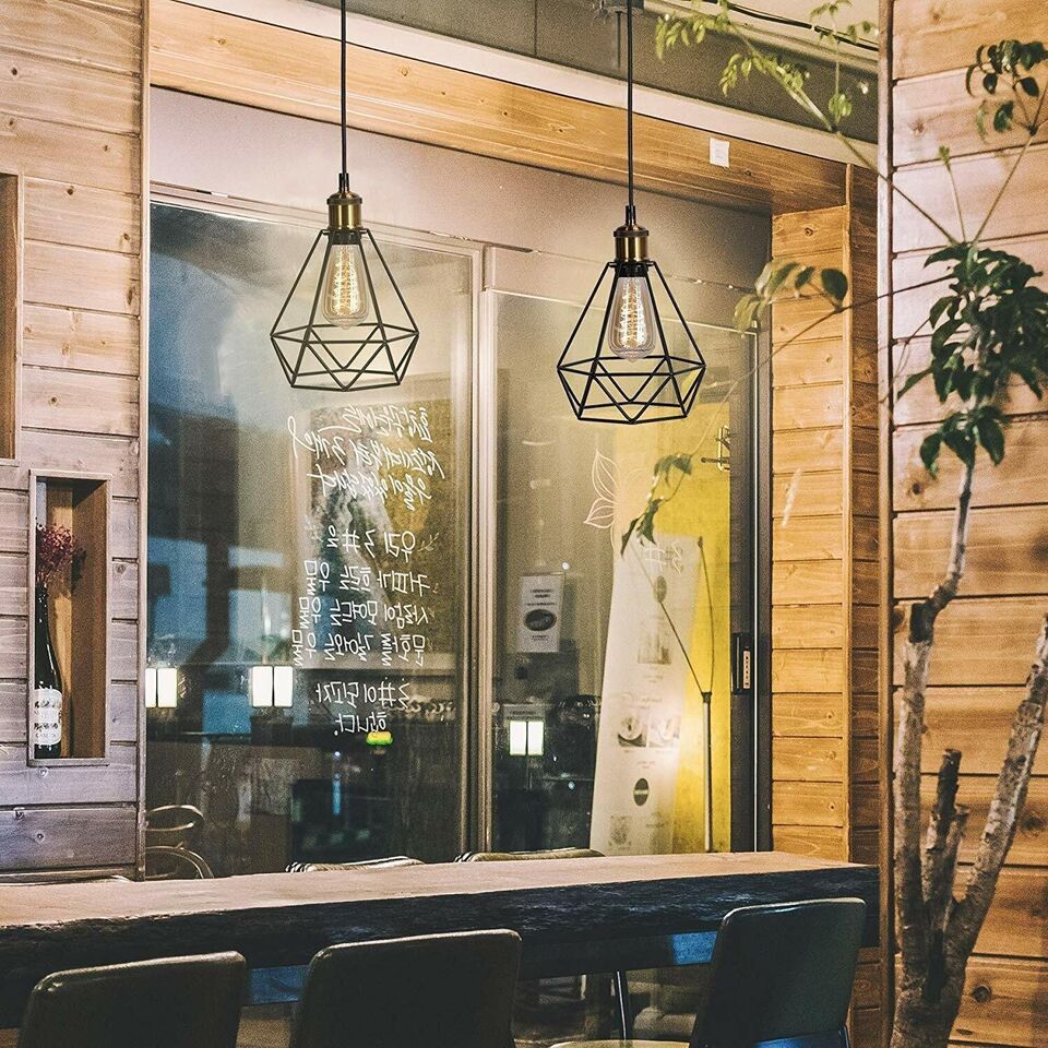 Modern Industrial Black Metal Diamond Cage Pendant Light Fixture, E27 Base, Ceiling Hanging
