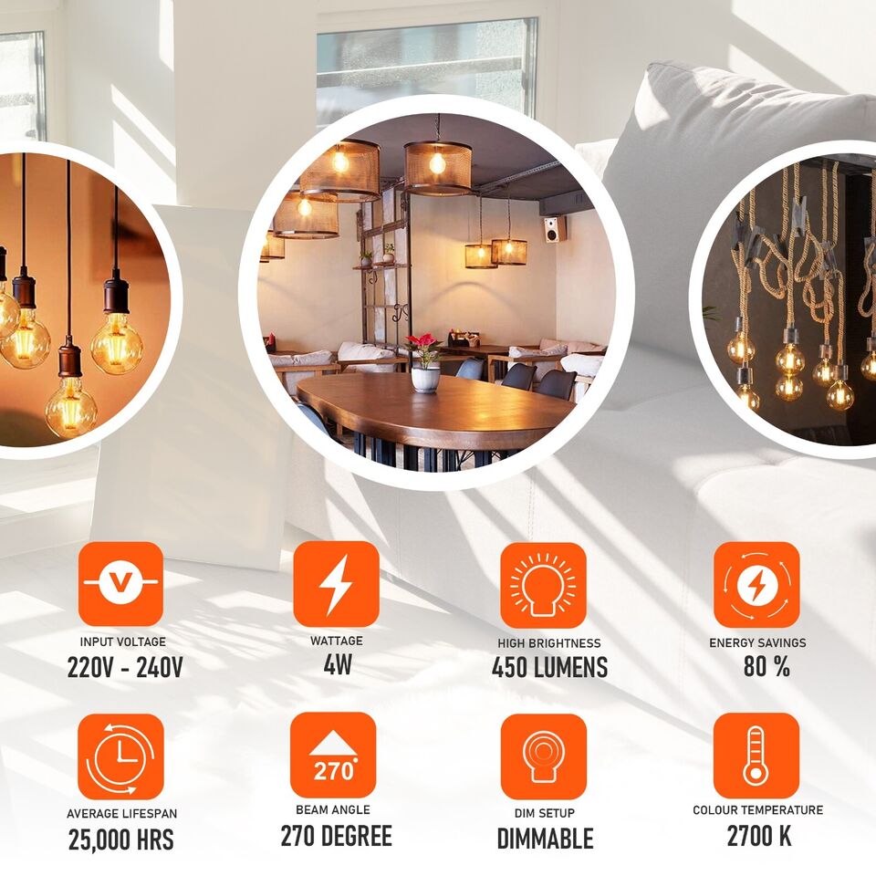 Vintage Dimmable LED Filament E27 G95 4W Globe Bulb, Warm White Ambiance
