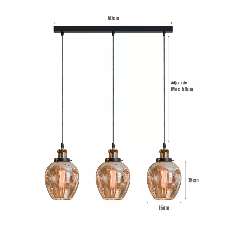 Industrial Retro Loft Style 3-Way Glass Ceiling Pendant Light Fixture