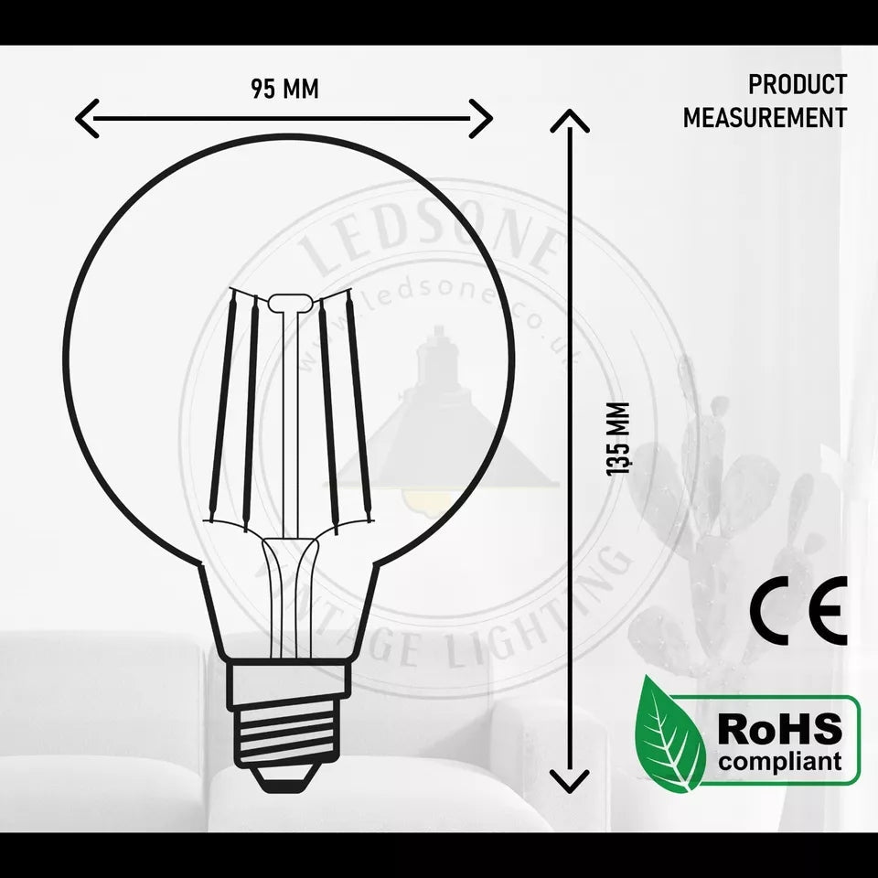 Vintage Edison G95 Globe LED Filament Bulb, E27 Screw, 40W Warm White Light