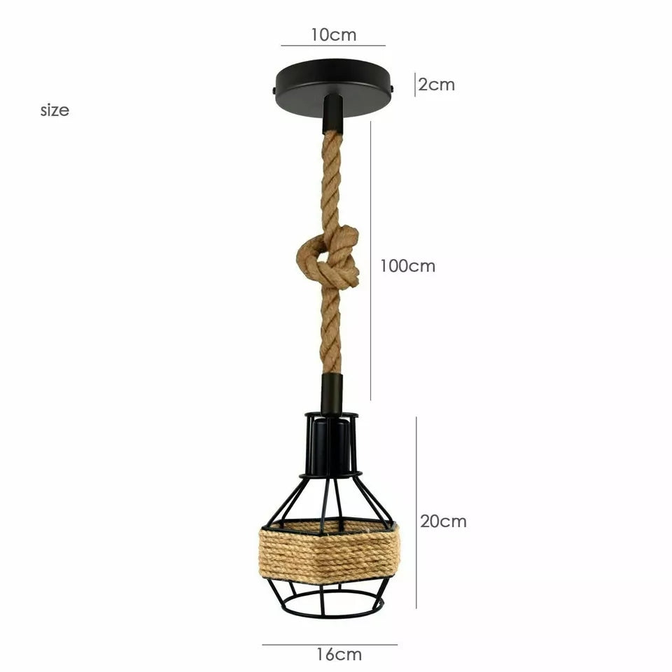 Vintage Industrial Hemp Rope Pendant Light Fixture with Metal Cage Shade