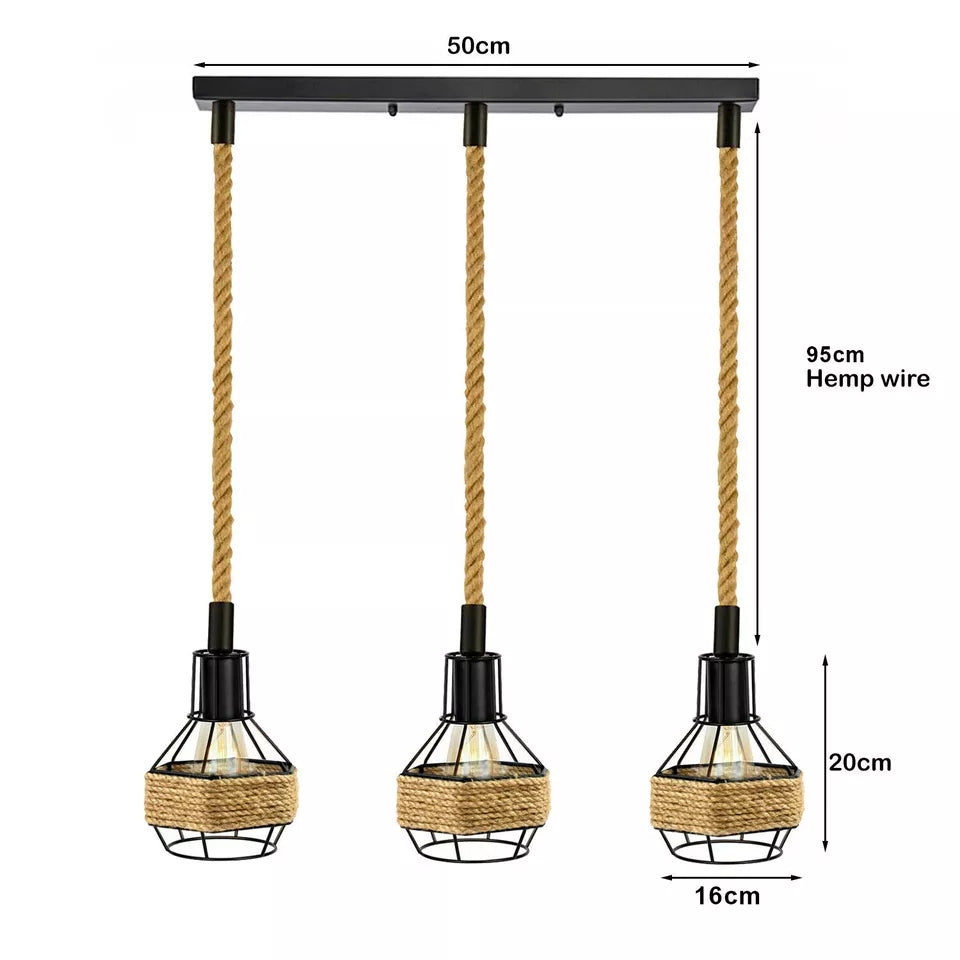 Vintage Industrial Hemp Rope Pendant Light Fixture with Metal Cage Shade