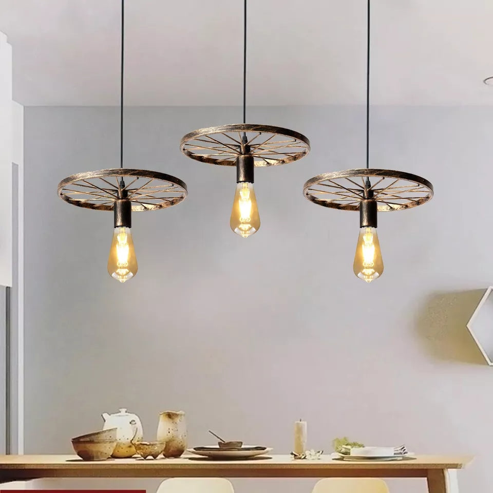 Vintage Industrial Bike Wheel Pendant Light with 3 Hanging Retro Shades