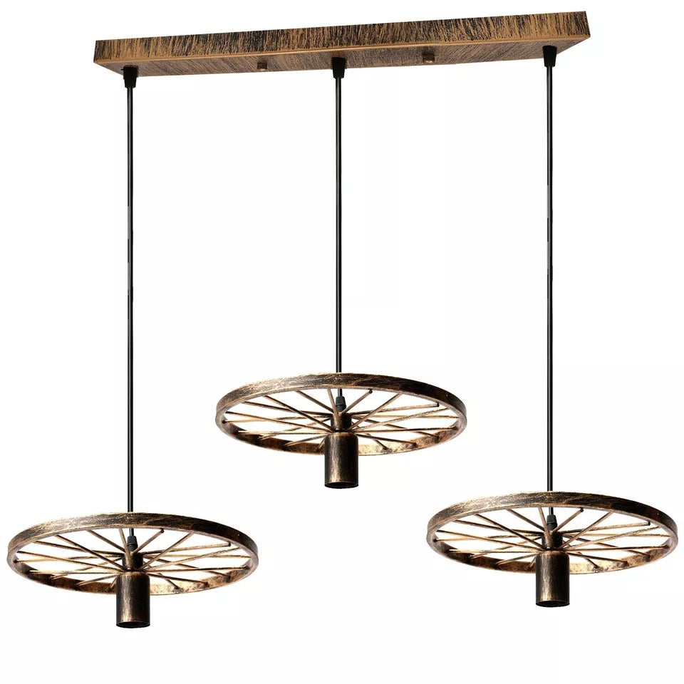 Vintage Industrial Bike Wheel Pendant Light with 3 Hanging Retro Shades