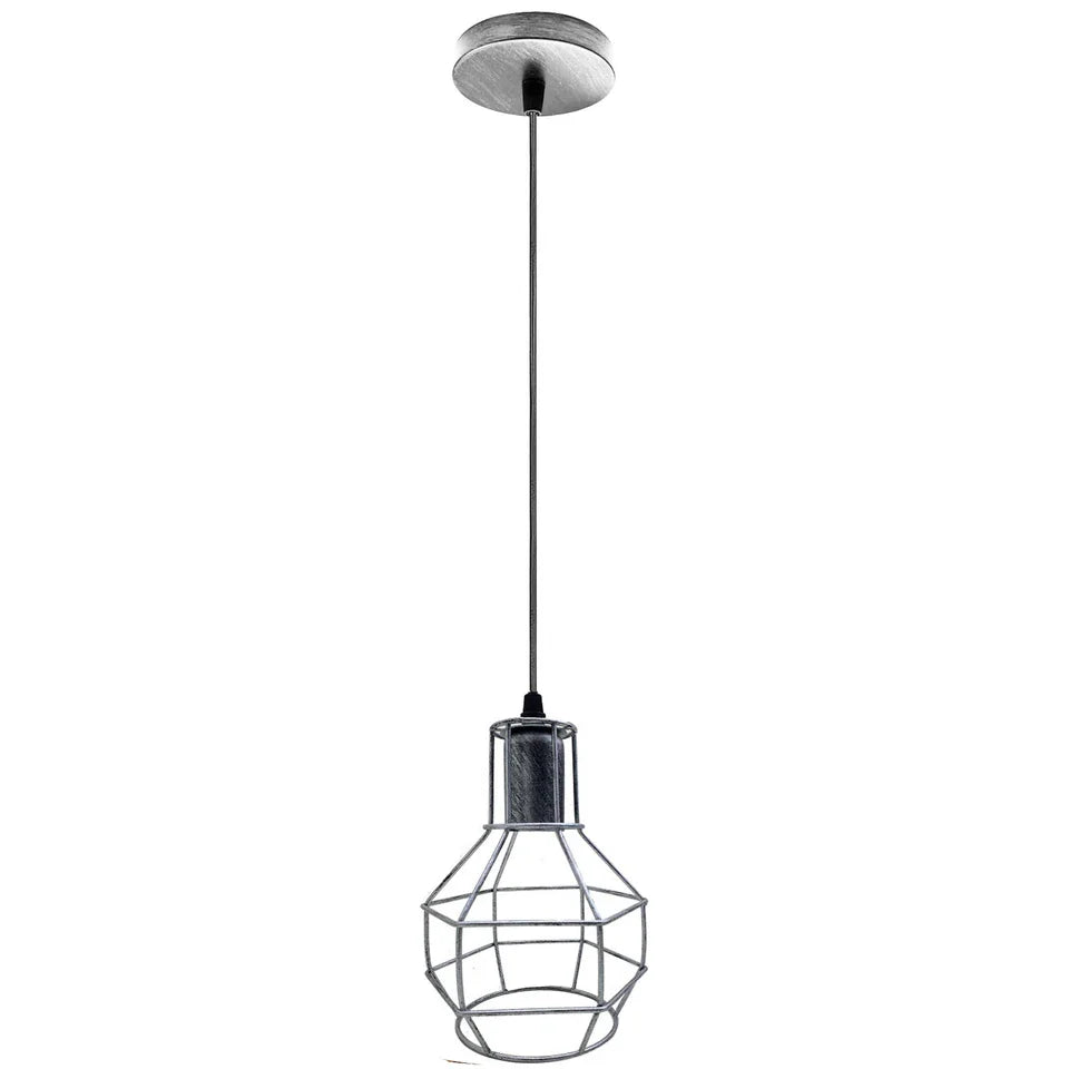 Industrial Metal Wire Cage Pendant Light, Adjustable, Brushed Silver Finish, E27 Base