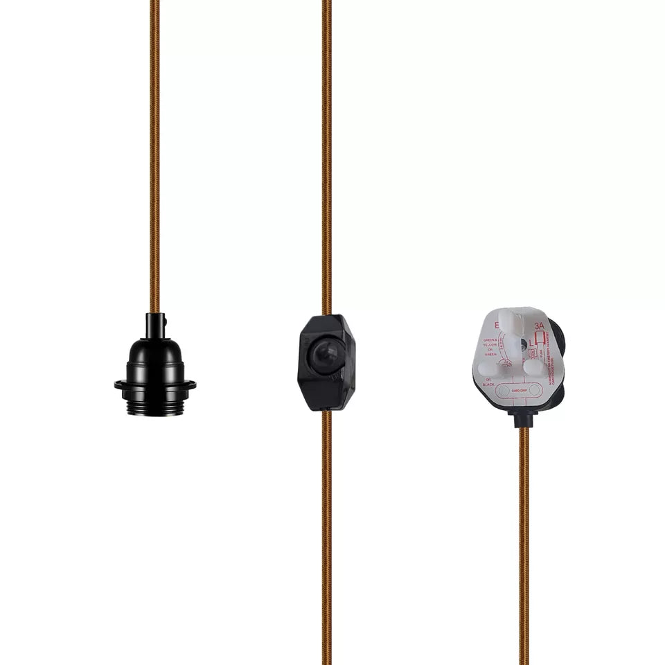 Premium 4M Gold Fabric Flex Plug-In Pendant Lamp E27 Bulb Holder Switch