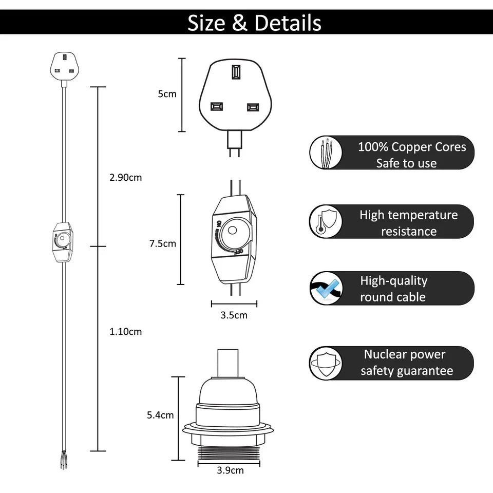 Premium 4M Gold Fabric Flex Plug-In Pendant Lamp E27 Bulb Holder Switch