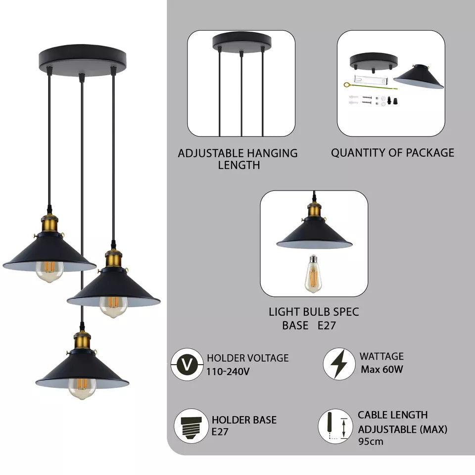 Stylish 3-Way Adjustable Cone Pendant Light Fixture for E27 Bulbs