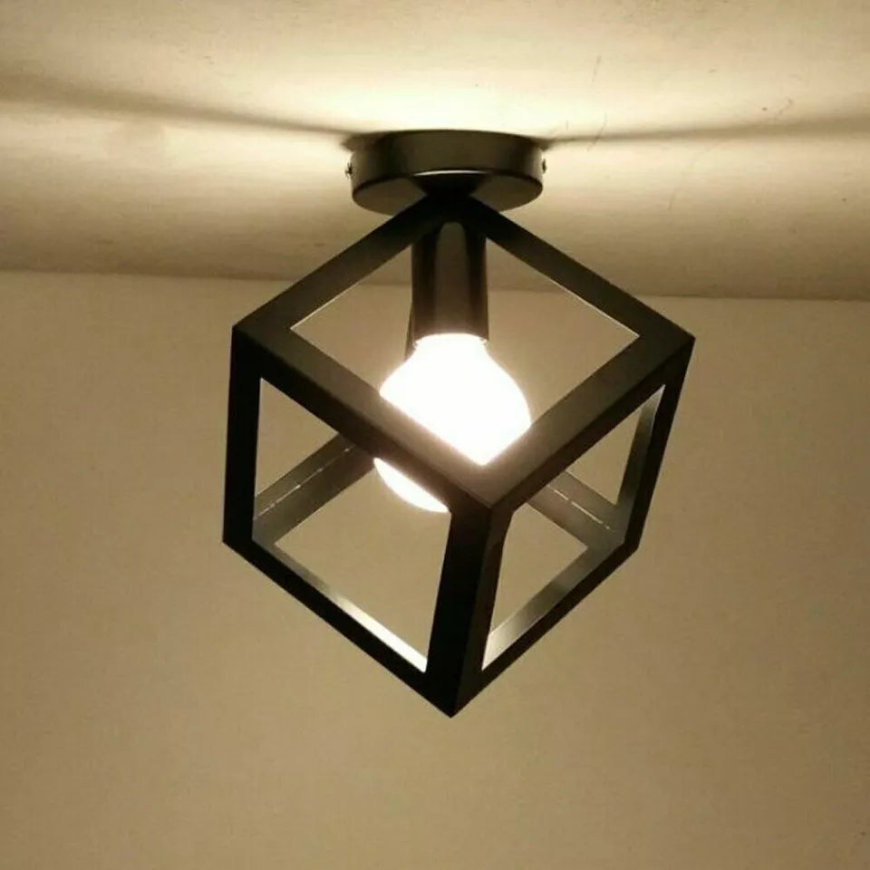 Industrial Black Metal Cage Flush Mount Ceiling Light Fixture E27 Bulb
