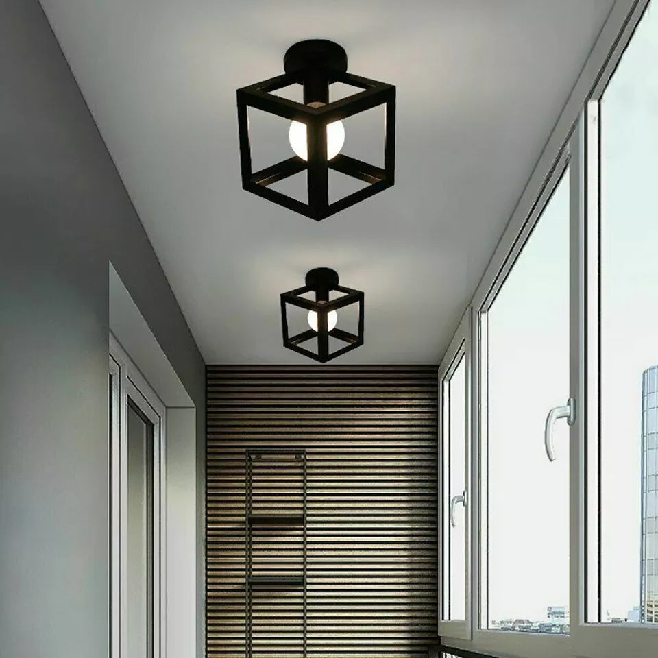 Industrial Black Metal Cage Flush Mount Ceiling Light Fixture E27 Bulb