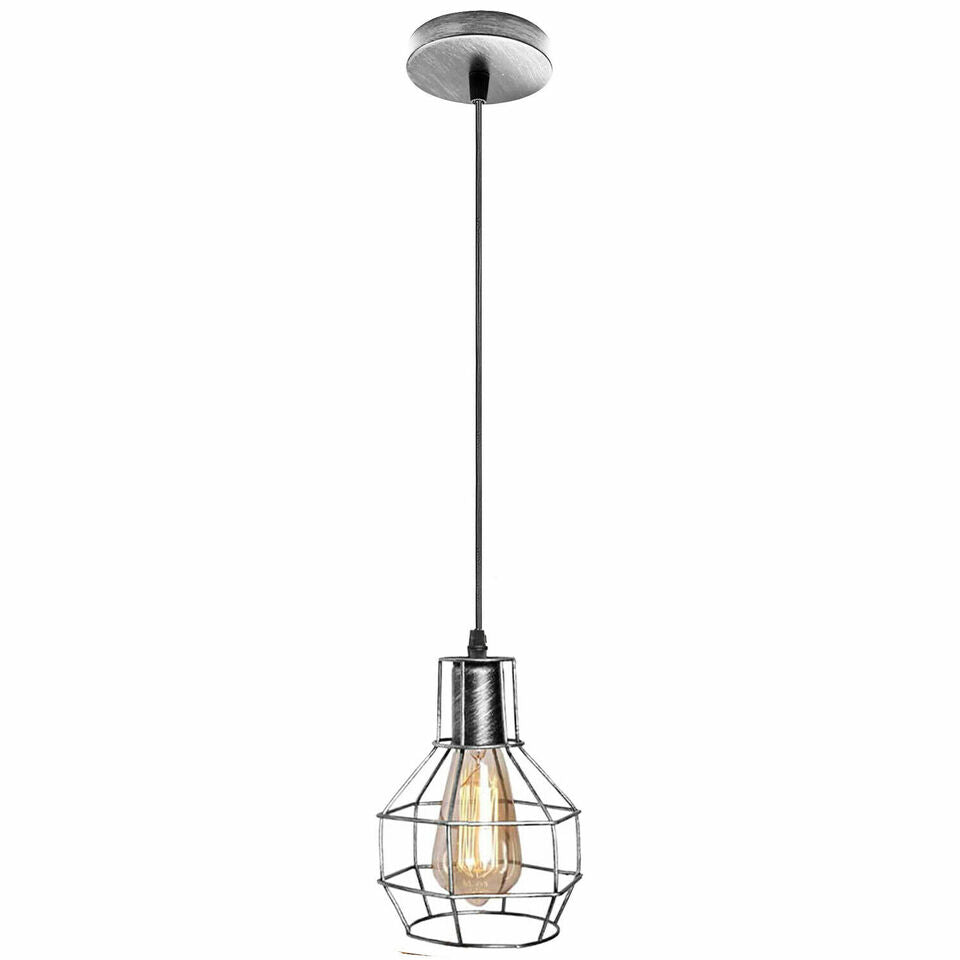 Industrial Brushed Silver Metal Wire Cage Pendant Light for Edison Bulbs