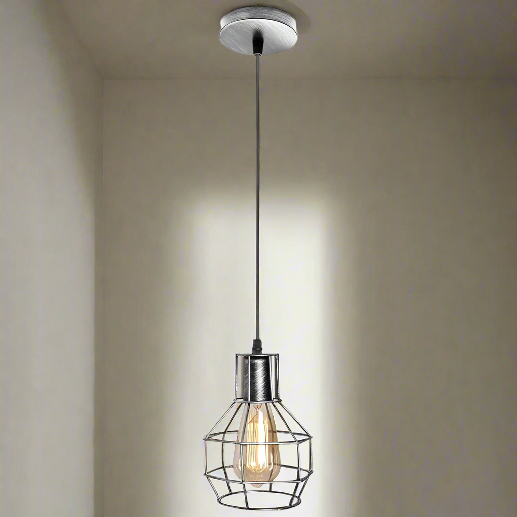 Industrial Brushed Silver Metal Wire Cage Pendant Light for Edison Bulbs