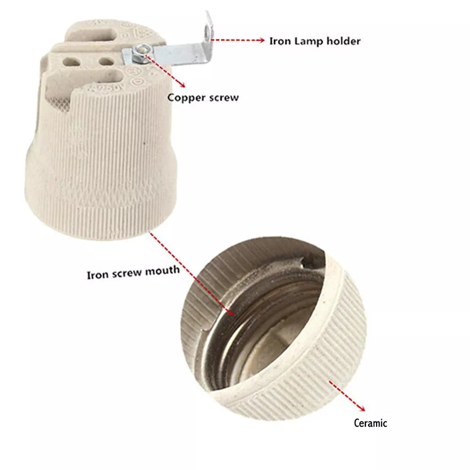 Durable White Ceramic E27 Edison Screw Lamp Holder Socket, High-Temperature Rated
