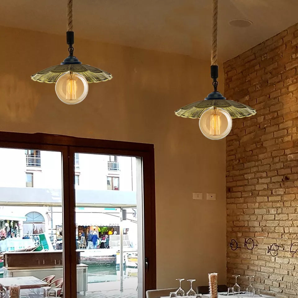 Rustic Industrial Hemp Rope Iron Metal Shade Ceiling Pendant Light