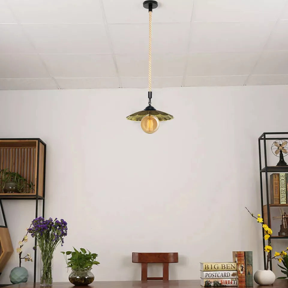 Vintage Industrial Hemp Rope Pendant Light with Rustic Metal Shade