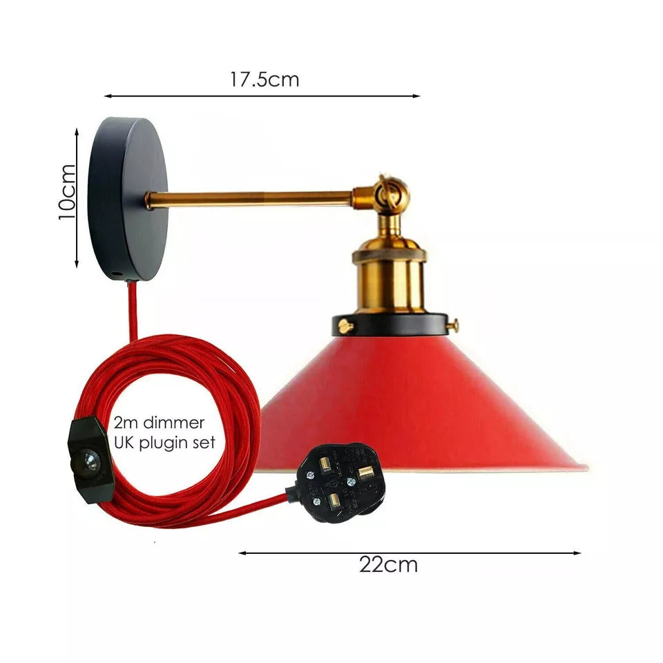 Adjustable Industrial Cone Shade Plug-in Wall Sconce with Dimmer Switch, E27 Bulb