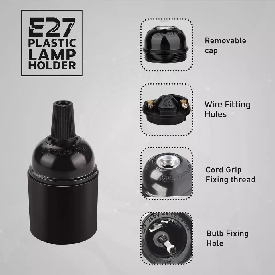 Sleek Black E27 Screw Bulb Holder Lamp Base Socket with Cord Grip