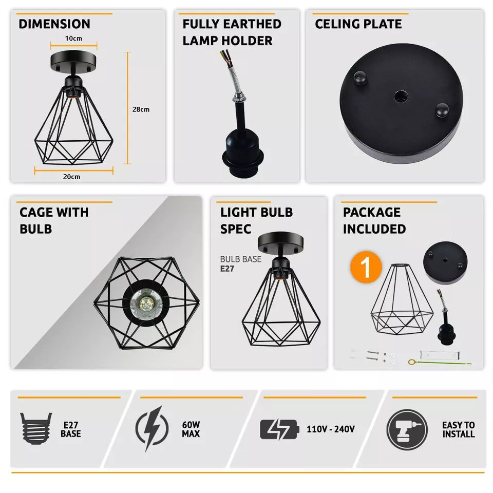 Vintage Ceiling Light Easy Fitting Metal Cage Flush Mount Lamp ~ 5999