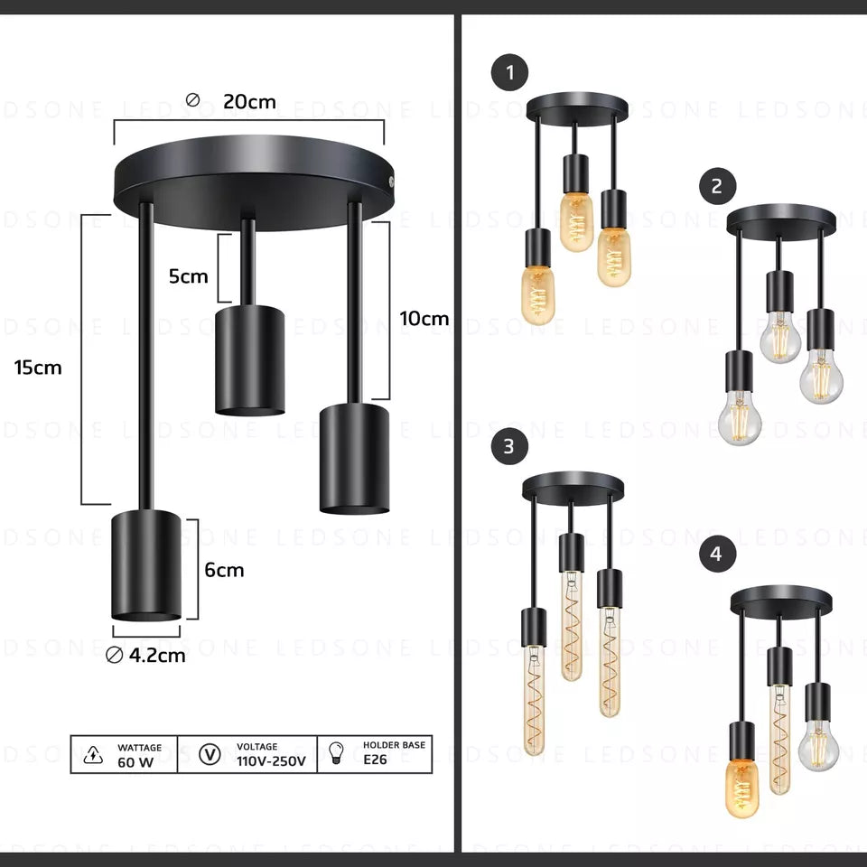 Modern 3-Way Black Metal Flush Mount Ceiling Light Fixture with E27 Sockets