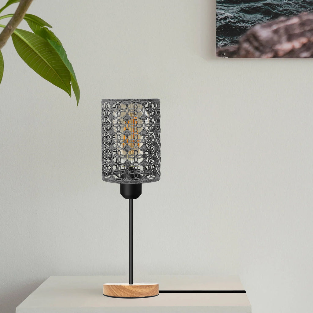 Modern Industrial Metal Cage Table Lamp with Wooden Base, Bedside Desk Light