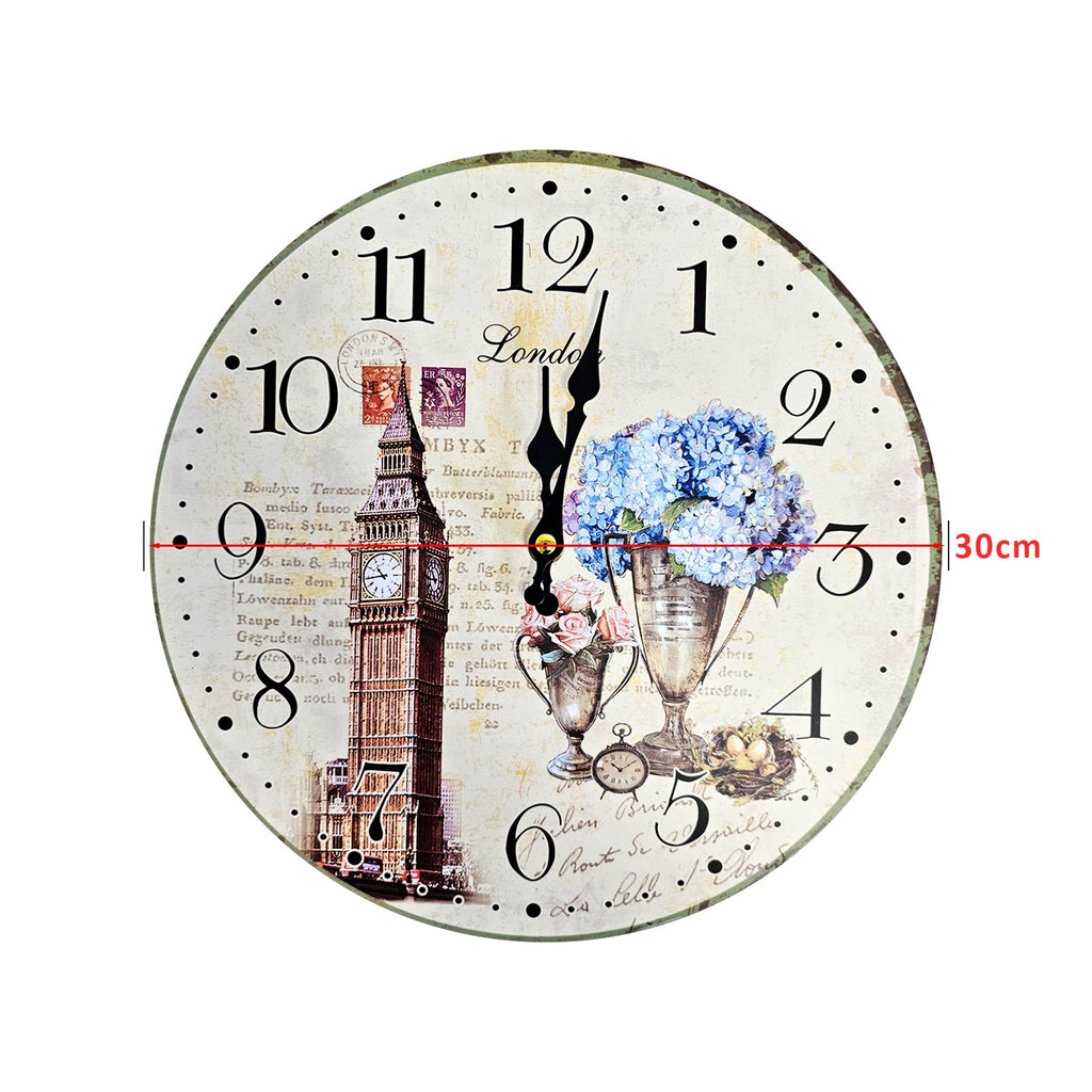Retro Round Shabby Chic Patchwork Wooden Decorative Wall Art Clock