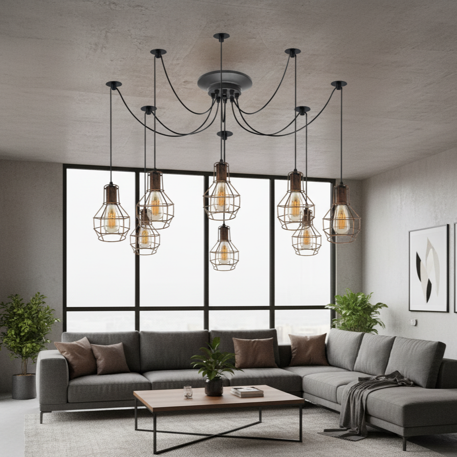 8-Head Industrial Black Spider Pendant Light Fixture, Adjustable Arms, Home Decor