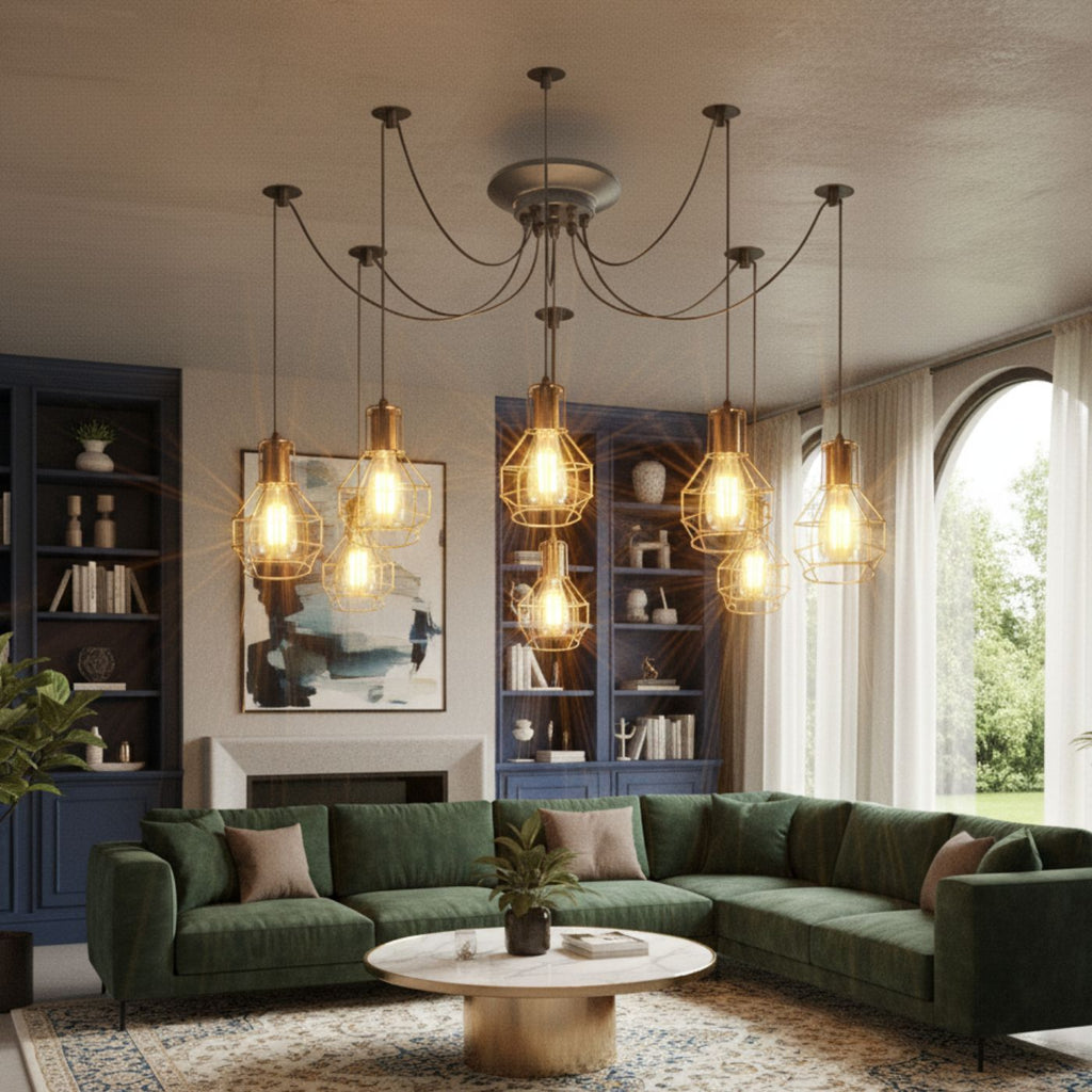 8-Head Industrial Black Spider Pendant Light Fixture, Adjustable Arms, Home Decor